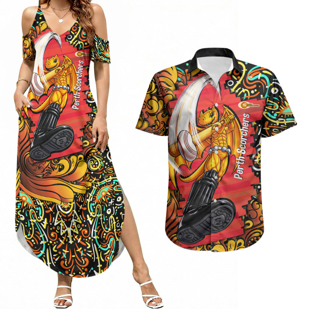 Personalized Perth Scorchers Cricket Couples Matching Summer Maxi Dress and Hawaiian Shirt Hippie Psychedelic Pattern Vibrant Mandala Art Style