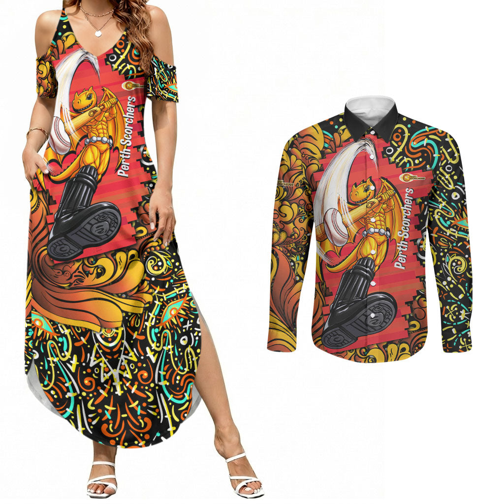 Personalized Perth Scorchers Cricket Couples Matching Summer Maxi Dress and Long Sleeve Button Shirt Hippie Psychedelic Pattern Vibrant Mandala Art Style