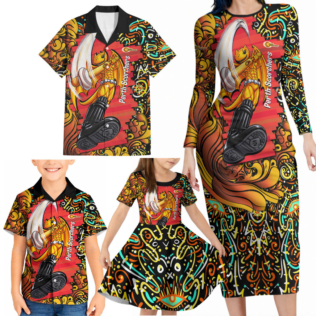 Personalized Perth Scorchers Cricket Family Matching Long Sleeve Bodycon Dress and Hawaiian Shirt Hippie Psychedelic Pattern Vibrant Mandala Art Style