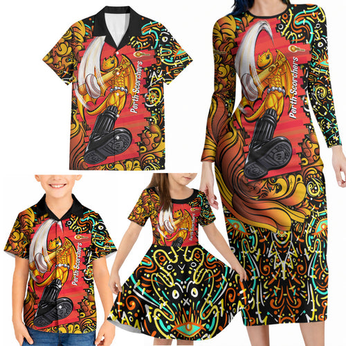 Personalized Perth Scorchers Cricket Family Matching Long Sleeve Bodycon Dress and Hawaiian Shirt Hippie Psychedelic Pattern Vibrant Mandala Art Style