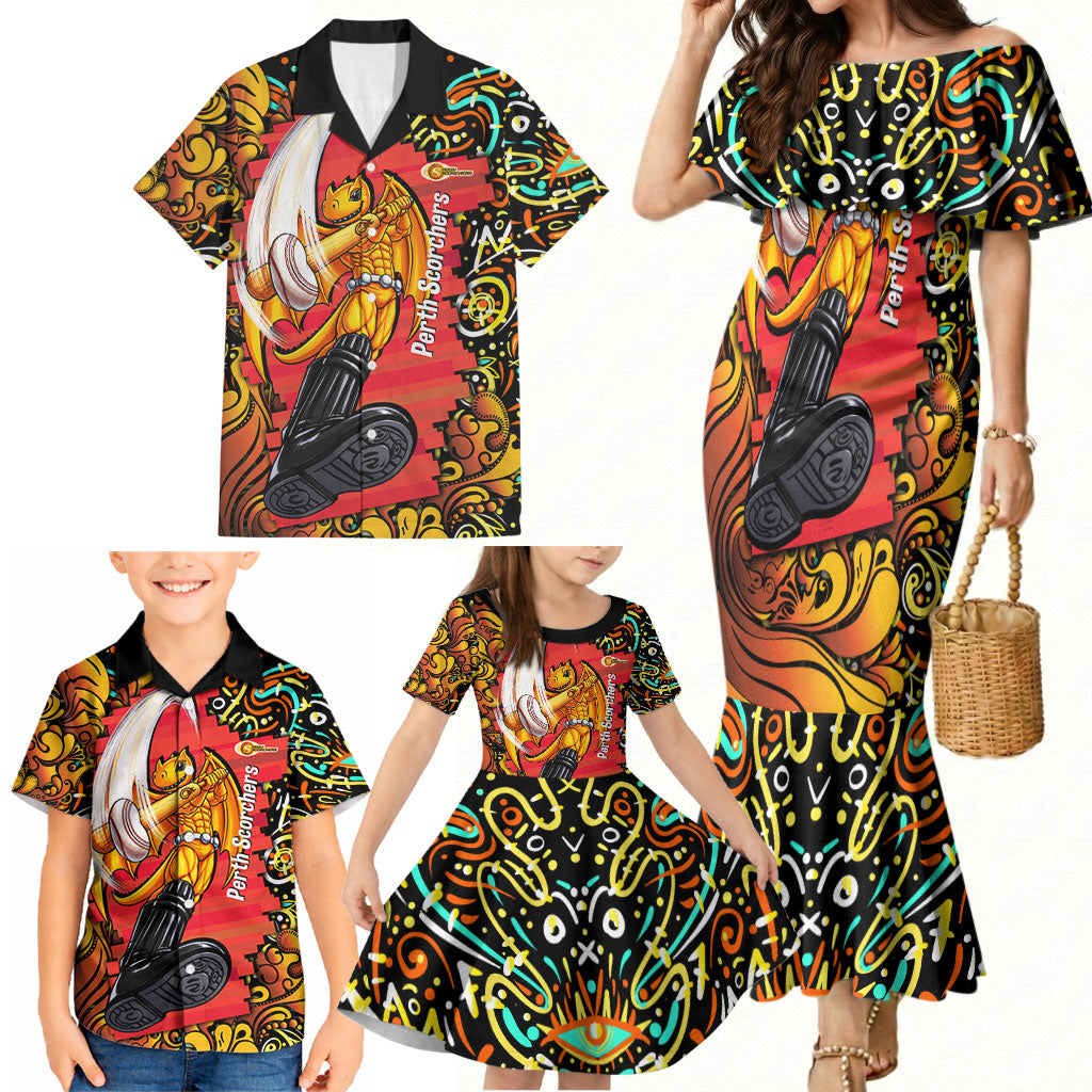 Personalized Perth Scorchers Cricket Family Matching Mermaid Dress and Hawaiian Shirt Hippie Psychedelic Pattern Vibrant Mandala Art Style