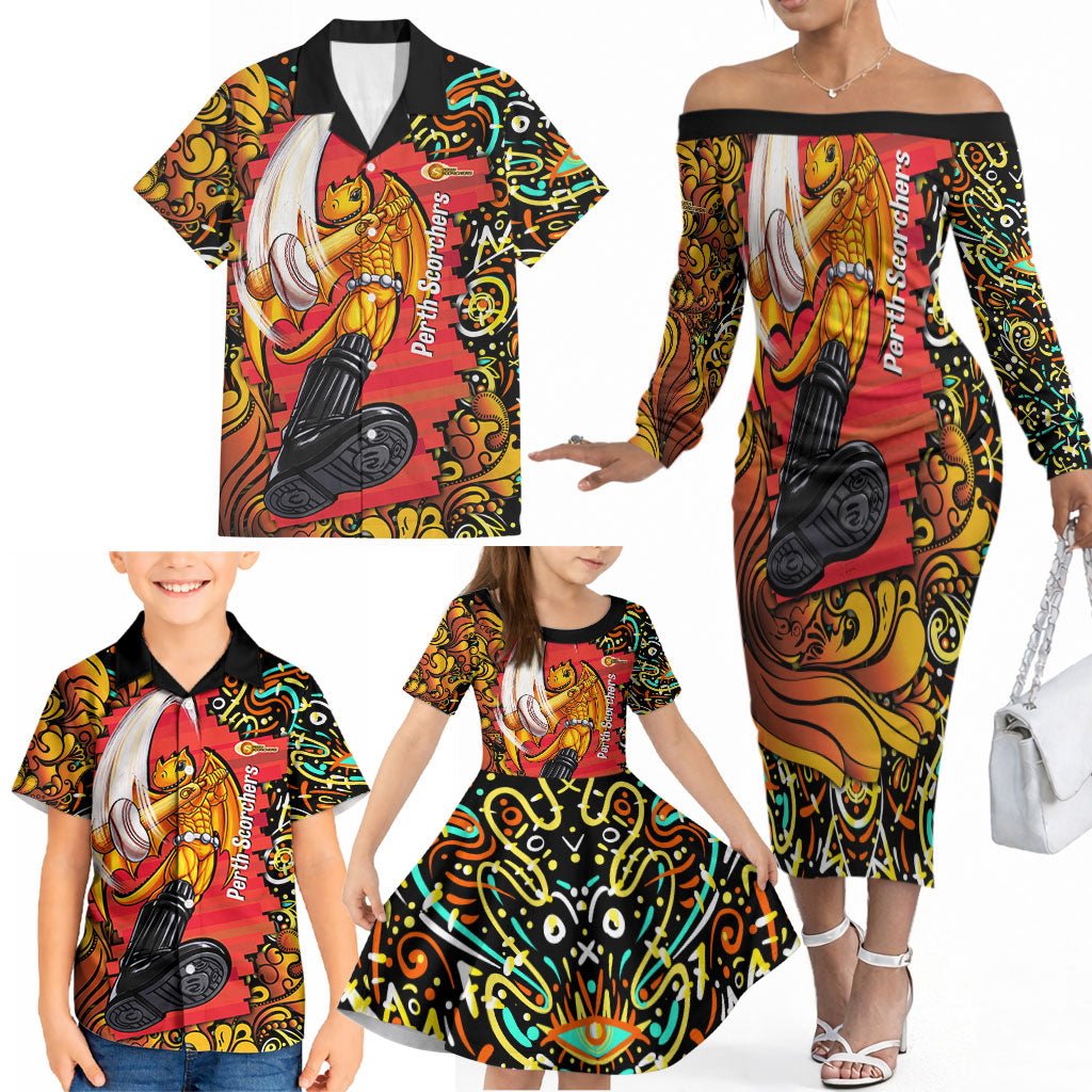 Personalized Perth Scorchers Cricket Family Matching Off The Shoulder Long Sleeve Dress and Hawaiian Shirt Hippie Psychedelic Pattern Vibrant Mandala Art Style
