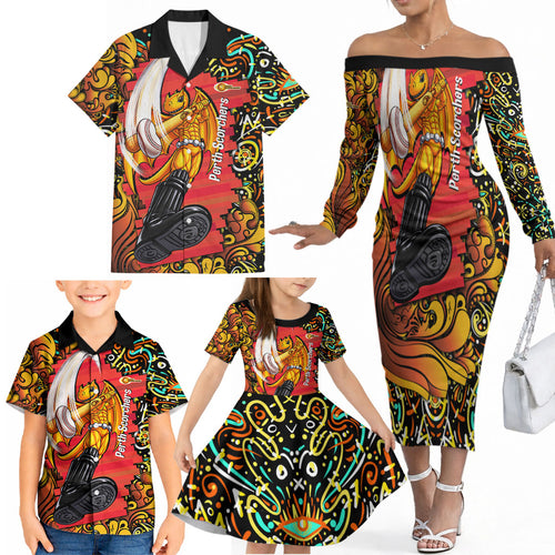 Personalized Perth Scorchers Cricket Family Matching Off The Shoulder Long Sleeve Dress and Hawaiian Shirt Hippie Psychedelic Pattern Vibrant Mandala Art Style