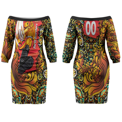 Personalized Perth Scorchers Cricket Family Matching Off The Shoulder Long Sleeve Dress and Hawaiian Shirt Hippie Psychedelic Pattern Vibrant Mandala Art Style