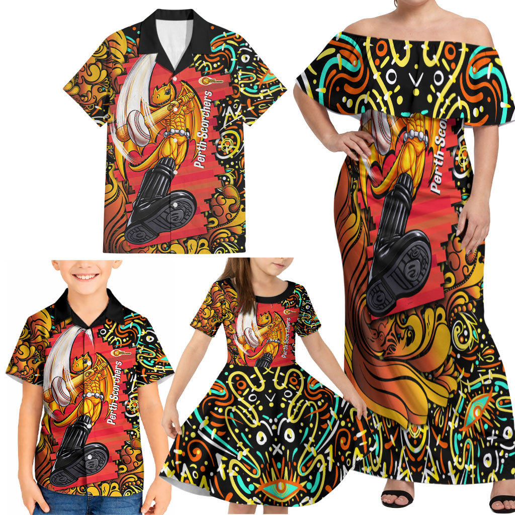 Personalized Perth Scorchers Cricket Family Matching Off Shoulder Maxi Dress and Hawaiian Shirt Hippie Psychedelic Pattern Vibrant Mandala Art Style