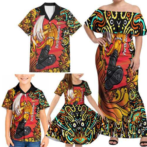 Personalized Perth Scorchers Cricket Family Matching Off Shoulder Maxi Dress and Hawaiian Shirt Hippie Psychedelic Pattern Vibrant Mandala Art Style