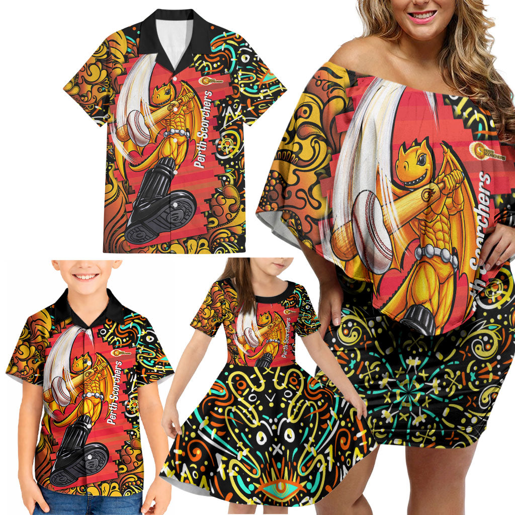 Personalized Perth Scorchers Cricket Family Matching Off Shoulder Short Dress and Hawaiian Shirt Hippie Psychedelic Pattern Vibrant Mandala Art Style
