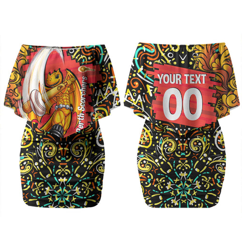Personalized Perth Scorchers Cricket Family Matching Off Shoulder Short Dress and Hawaiian Shirt Hippie Psychedelic Pattern Vibrant Mandala Art Style