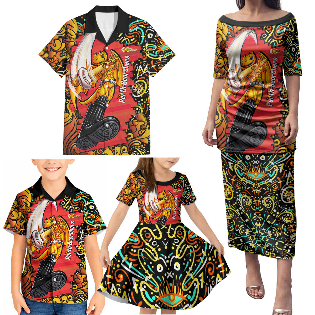 Personalized Perth Scorchers Cricket Family Matching Puletasi and Hawaiian Shirt Hippie Psychedelic Pattern Vibrant Mandala Art Style