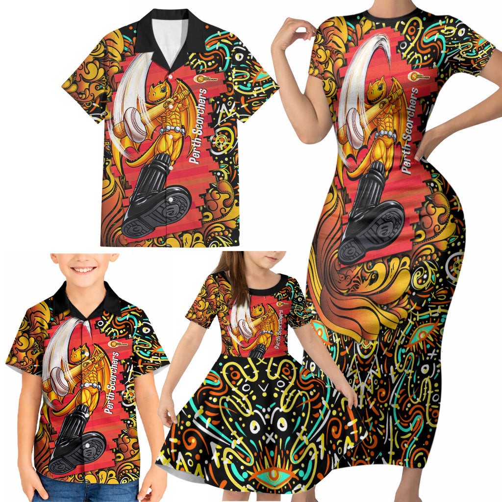 Personalized Perth Scorchers Cricket Family Matching Short Sleeve Bodycon Dress and Hawaiian Shirt Hippie Psychedelic Pattern Vibrant Mandala Art Style