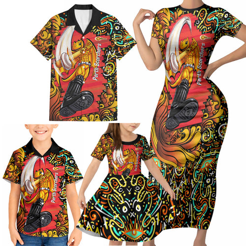 Personalized Perth Scorchers Cricket Family Matching Short Sleeve Bodycon Dress and Hawaiian Shirt Hippie Psychedelic Pattern Vibrant Mandala Art Style