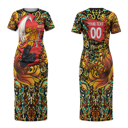 Personalized Perth Scorchers Cricket Family Matching Short Sleeve Bodycon Dress and Hawaiian Shirt Hippie Psychedelic Pattern Vibrant Mandala Art Style