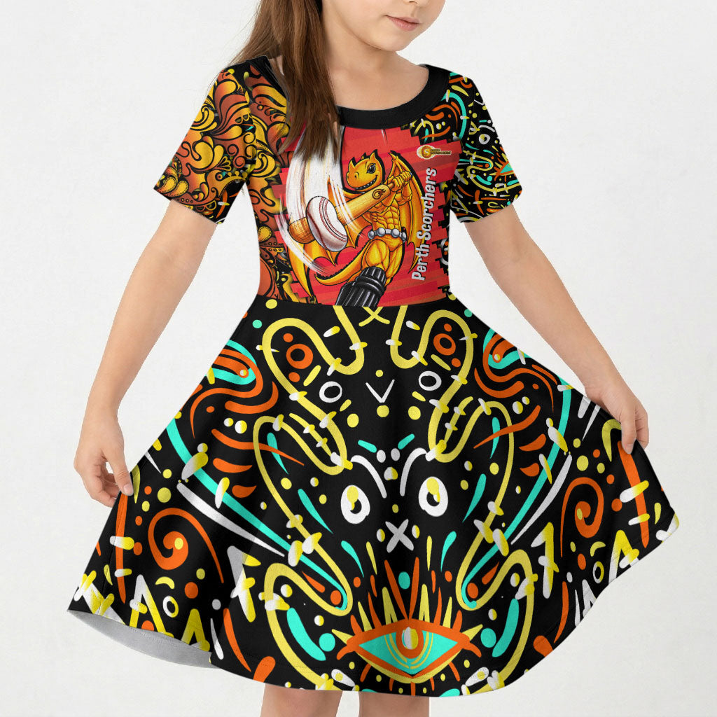 Personalized Perth Scorchers Cricket Kid Short Sleeve Dress Hippie Psychedelic Pattern Vibrant Mandala Art Style