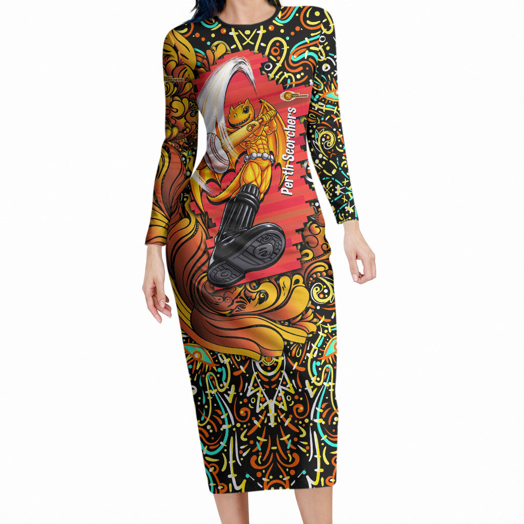 Personalized Perth Scorchers Cricket Long Sleeve Bodycon Dress Hippie Psychedelic Pattern Vibrant Mandala Art Style