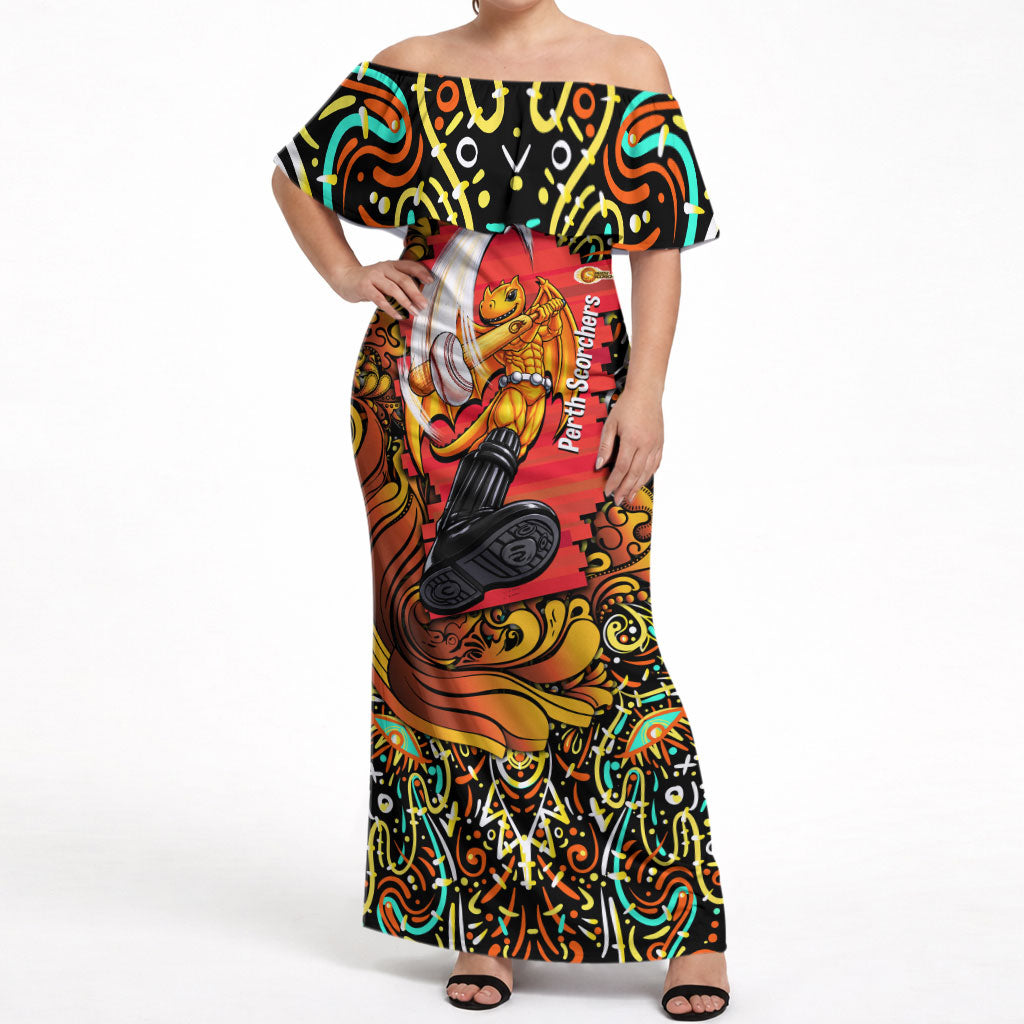 Personalized Perth Scorchers Cricket Off Shoulder Maxi Dress Hippie Psychedelic Pattern Vibrant Mandala Art Style