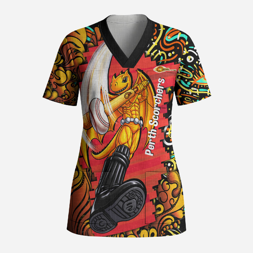 Personalized Perth Scorchers Cricket Scrub Top Hippie Psychedelic Pattern Vibrant Mandala Art Style