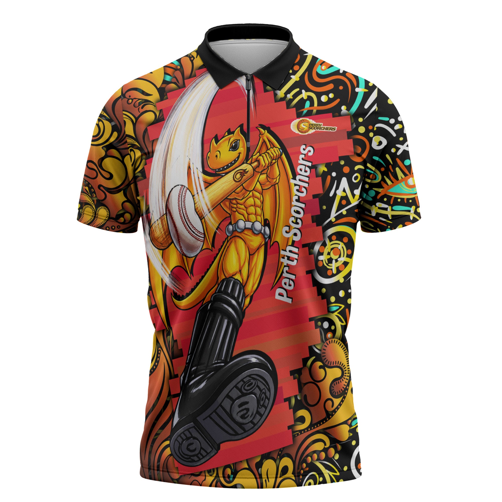 Personalized Perth Scorchers Cricket Zipper Polo Shirt Hippie Psychedelic Pattern Vibrant Mandala Art Style