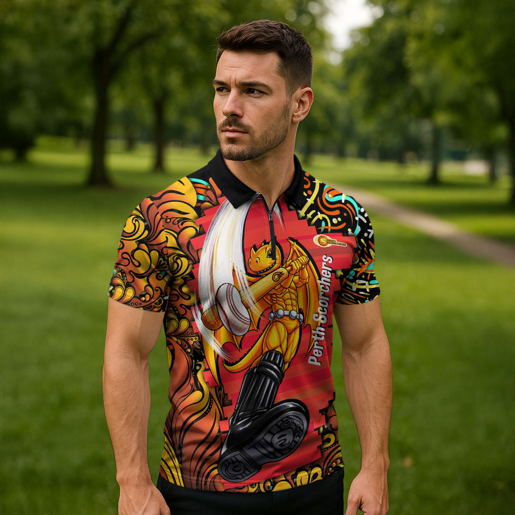 Personalized Perth Scorchers Cricket Zipper Polo Shirt Hippie Psychedelic Pattern Vibrant Mandala Art Style