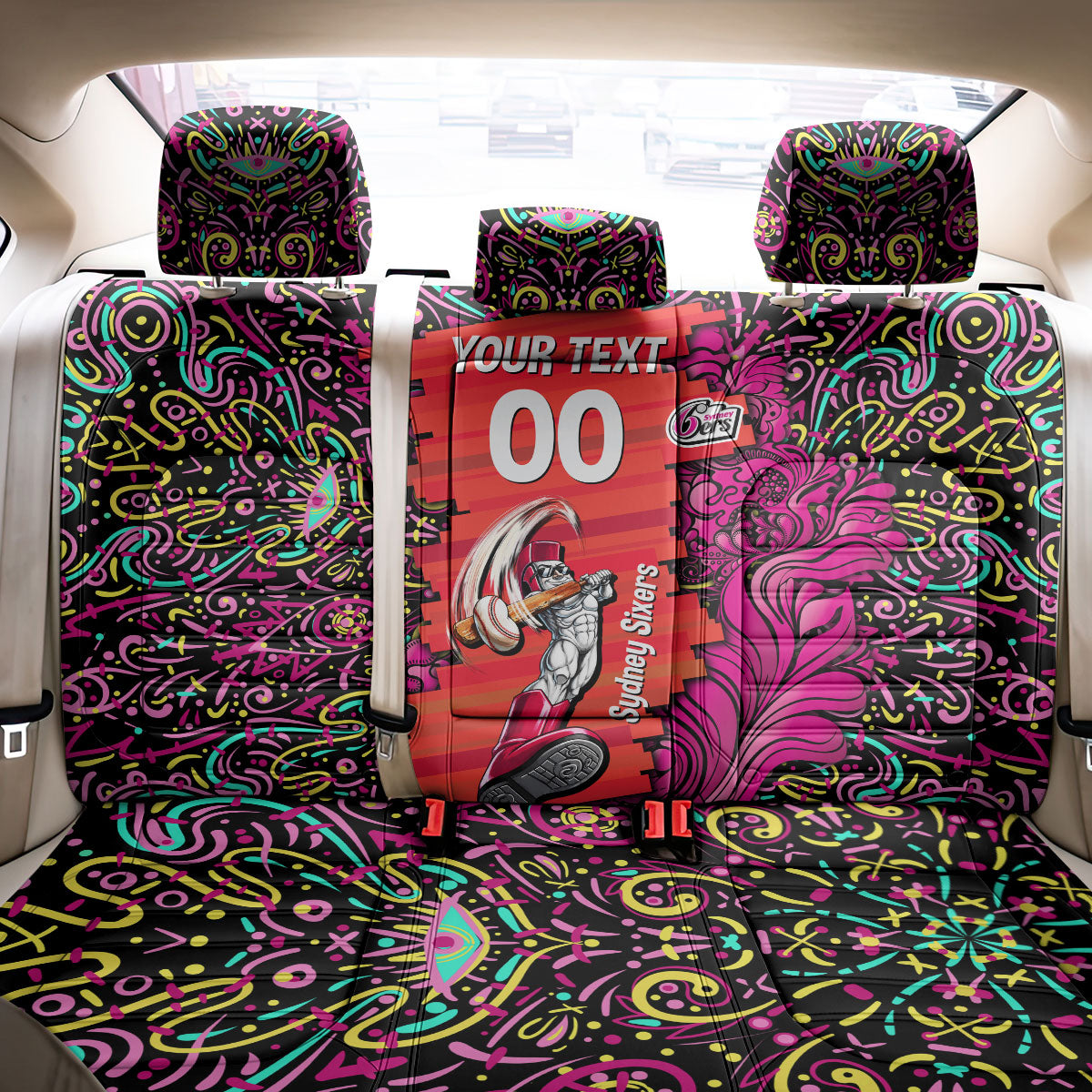 Personalized Sydney Sixers Cricket Back Car Seat Cover Hippie Psychedelic Pattern Vibrant Mandala Art Style
