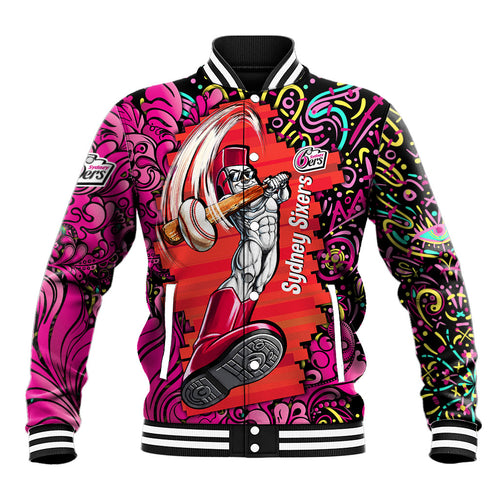 Personalized Sydney Sixers Cricket Baseball Jacket Hippie Psychedelic Pattern Vibrant Mandala Art Style