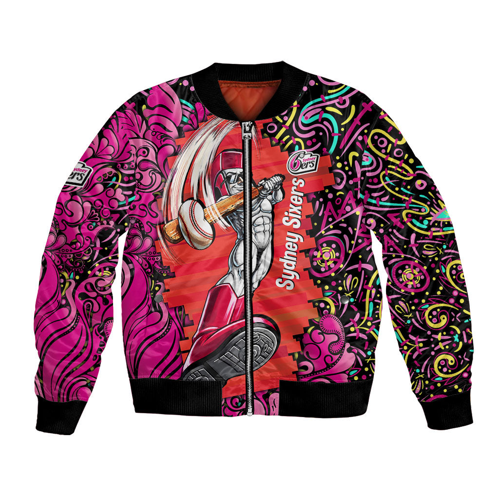Personalized Sydney Sixers Cricket Bomber Jacket Hippie Psychedelic Pattern Vibrant Mandala Art Style