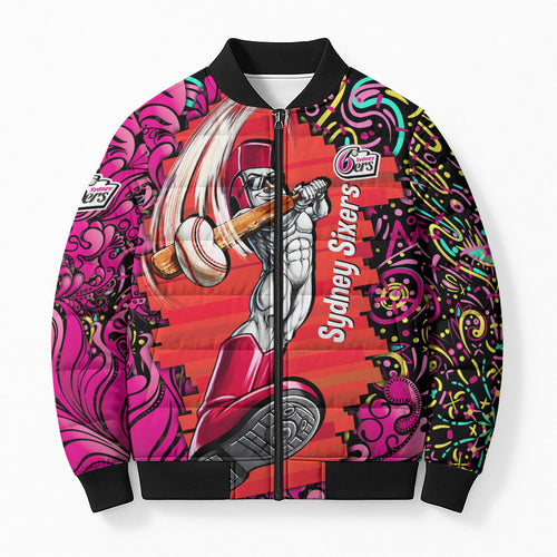 Personalized Sydney Sixers Cricket Bomber Puffer Jacket Hippie Psychedelic Pattern Vibrant Mandala Art Style