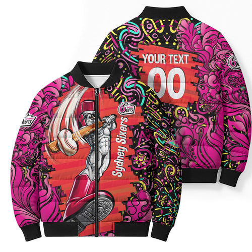 Personalized Sydney Sixers Cricket Bomber Puffer Jacket Hippie Psychedelic Pattern Vibrant Mandala Art Style