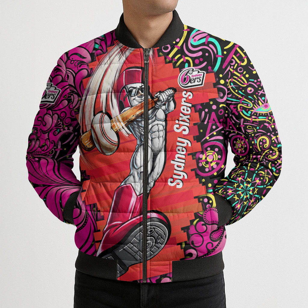 Personalized Sydney Sixers Cricket Bomber Puffer Jacket Hippie Psychedelic Pattern Vibrant Mandala Art Style