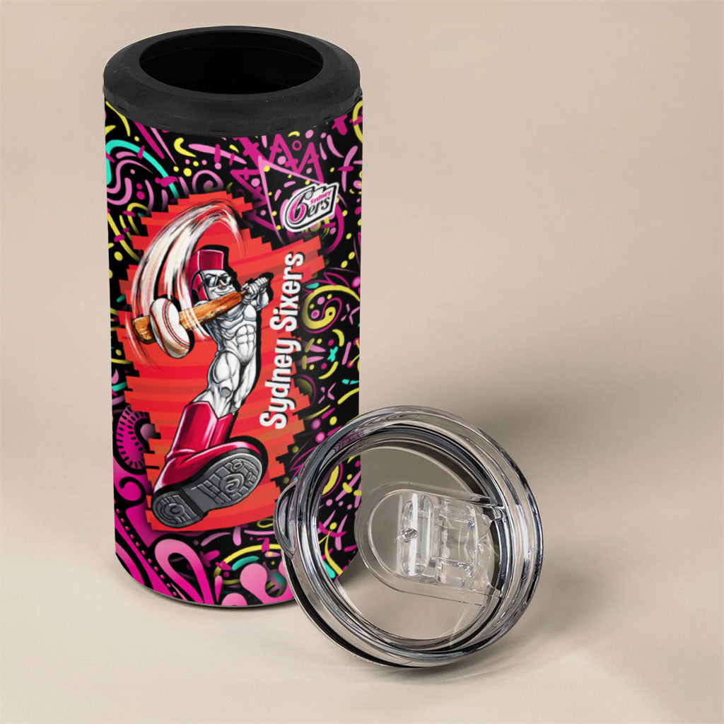 Personalized Sydney Sixers Cricket 4 in 1 Can Cooler Tumbler Hippie Psychedelic Pattern Vibrant Mandala Art Style