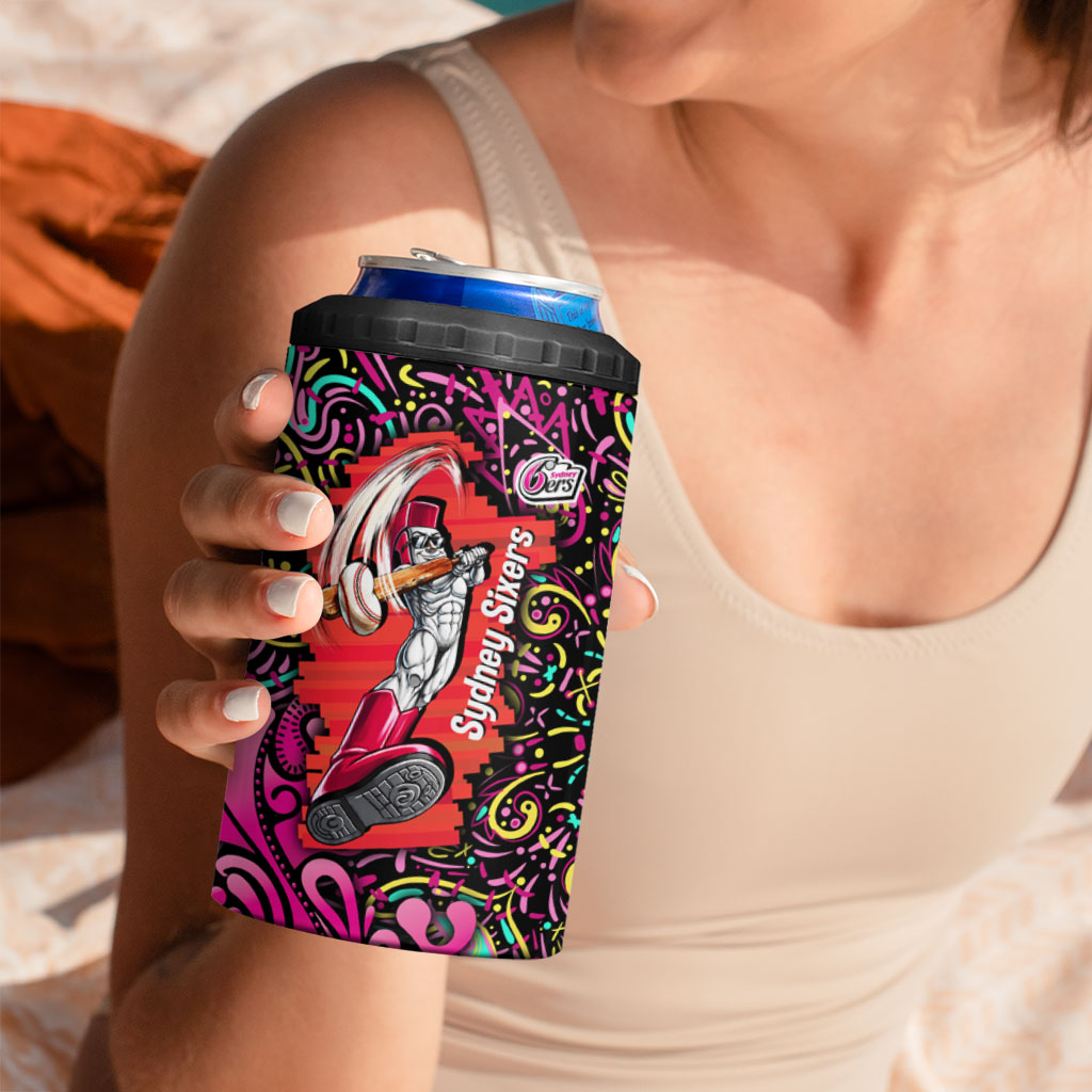 Personalized Sydney Sixers Cricket 4 in 1 Can Cooler Tumbler Hippie Psychedelic Pattern Vibrant Mandala Art Style