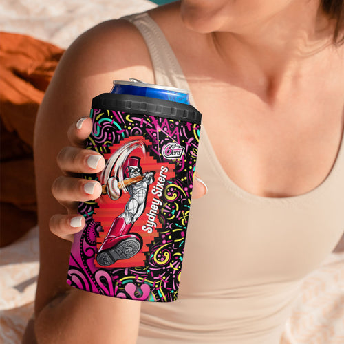 Personalized Sydney Sixers Cricket 4 in 1 Can Cooler Tumbler Hippie Psychedelic Pattern Vibrant Mandala Art Style
