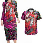 Personalized Sydney Sixers Cricket Couples Matching Long Sleeve Bodycon Dress and Hawaiian Shirt Hippie Psychedelic Pattern Vibrant Mandala Art Style