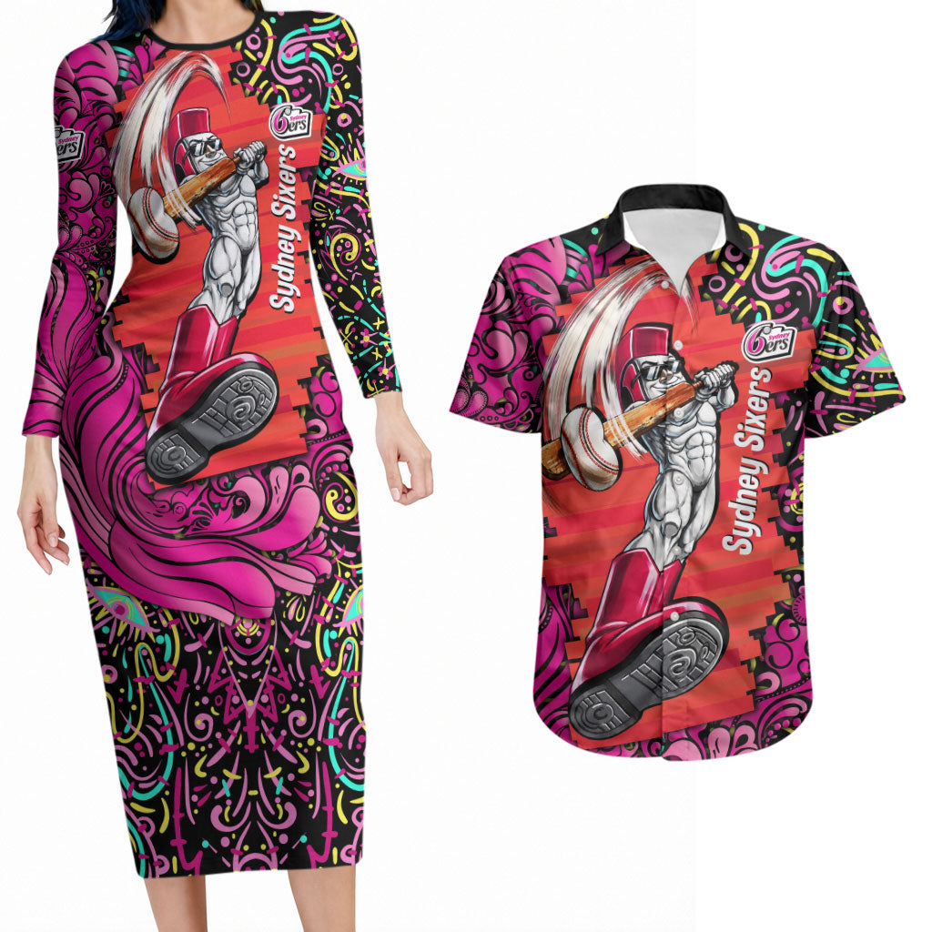 Personalized Sydney Sixers Cricket Couples Matching Long Sleeve Bodycon Dress and Hawaiian Shirt Hippie Psychedelic Pattern Vibrant Mandala Art Style