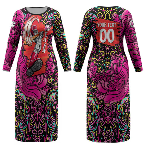 Personalized Sydney Sixers Cricket Couples Matching Long Sleeve Bodycon Dress and Hawaiian Shirt Hippie Psychedelic Pattern Vibrant Mandala Art Style