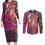 Personalized Sydney Sixers Cricket Couples Matching Long Sleeve Bodycon Dress and Long Sleeve Button Shirt Hippie Psychedelic Pattern Vibrant Mandala Art Style