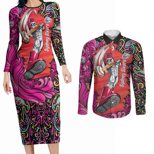 Personalized Sydney Sixers Cricket Couples Matching Long Sleeve Bodycon Dress and Long Sleeve Button Shirt Hippie Psychedelic Pattern Vibrant Mandala Art Style