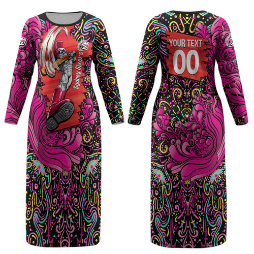Personalized Sydney Sixers Cricket Couples Matching Long Sleeve Bodycon Dress and Long Sleeve Button Shirt Hippie Psychedelic Pattern Vibrant Mandala Art Style