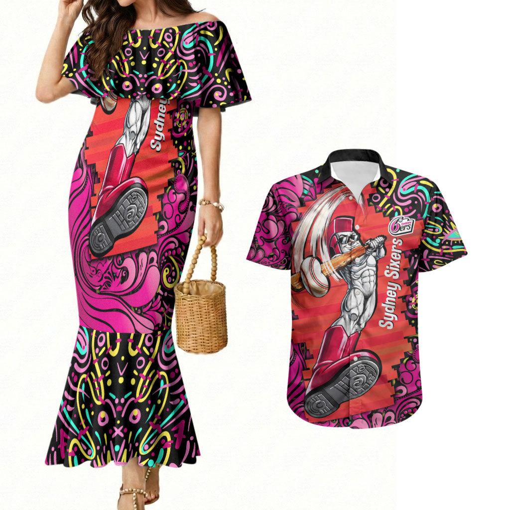 Personalized Sydney Sixers Cricket Couples Matching Mermaid Dress and Hawaiian Shirt Hippie Psychedelic Pattern Vibrant Mandala Art Style