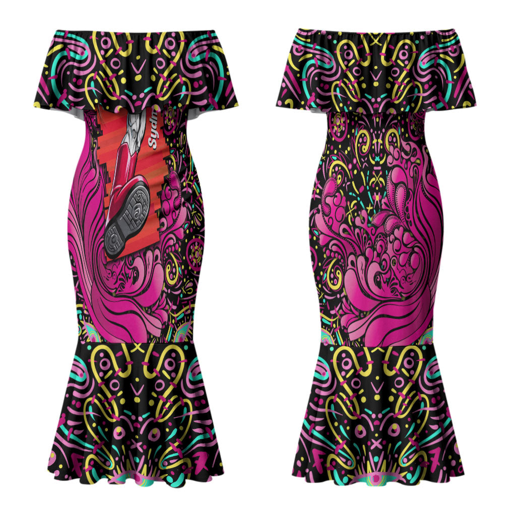 Personalized Sydney Sixers Cricket Couples Matching Mermaid Dress and Hawaiian Shirt Hippie Psychedelic Pattern Vibrant Mandala Art Style