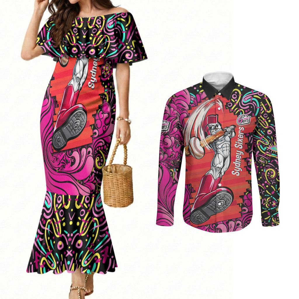 Personalized Sydney Sixers Cricket Couples Matching Mermaid Dress and Long Sleeve Button Shirt Hippie Psychedelic Pattern Vibrant Mandala Art Style