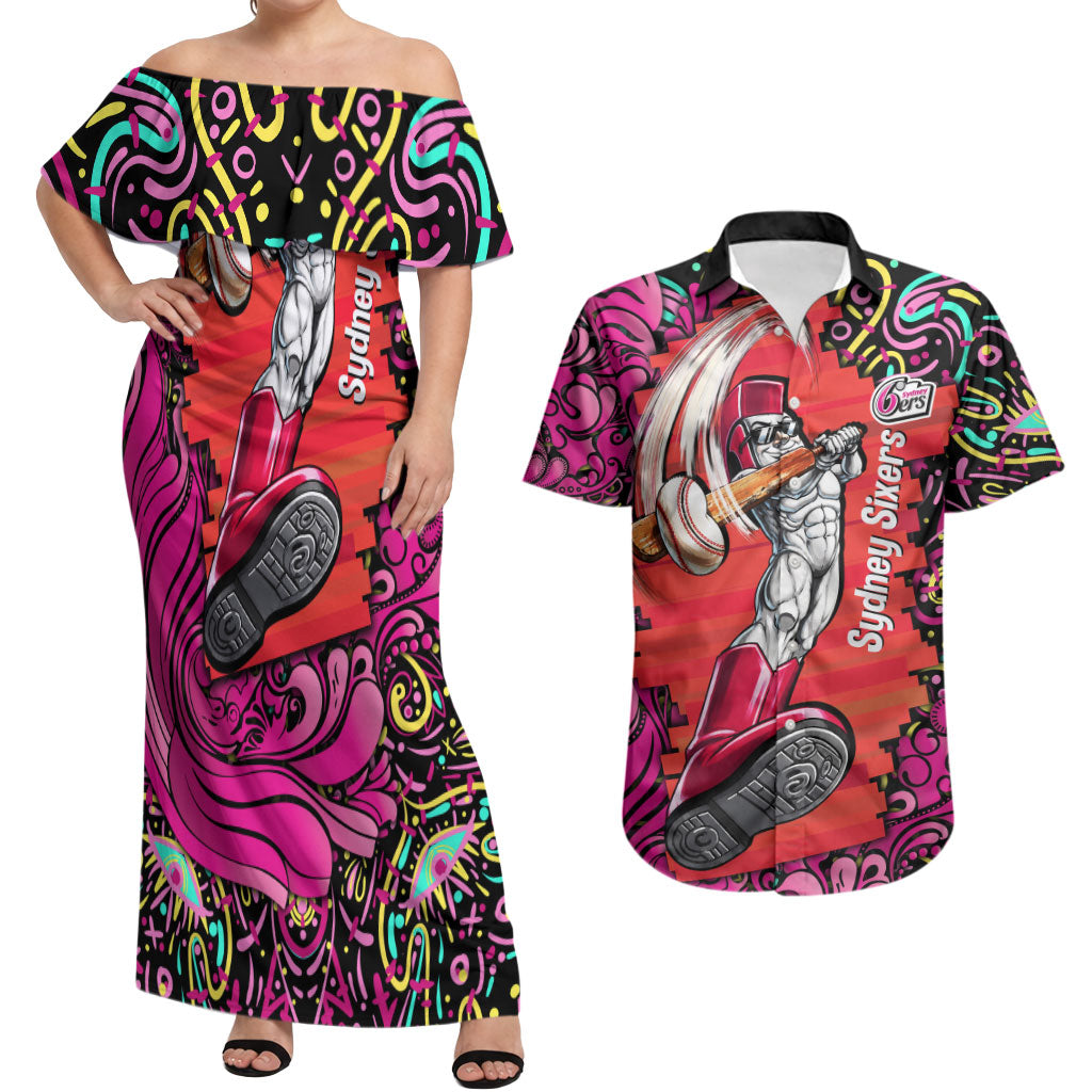 Personalized Sydney Sixers Cricket Couples Matching Off Shoulder Maxi Dress and Hawaiian Shirt Hippie Psychedelic Pattern Vibrant Mandala Art Style