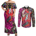 Personalized Sydney Sixers Cricket Couples Matching Off Shoulder Maxi Dress and Long Sleeve Button Shirt Hippie Psychedelic Pattern Vibrant Mandala Art Style