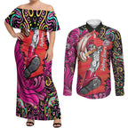 Personalized Sydney Sixers Cricket Couples Matching Off Shoulder Maxi Dress and Long Sleeve Button Shirt Hippie Psychedelic Pattern Vibrant Mandala Art Style
