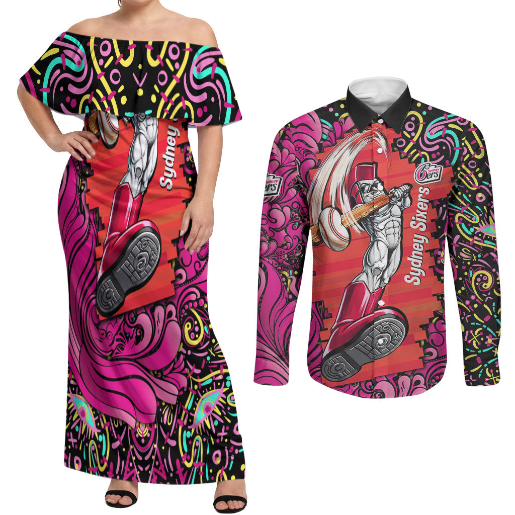 Personalized Sydney Sixers Cricket Couples Matching Off Shoulder Maxi Dress and Long Sleeve Button Shirt Hippie Psychedelic Pattern Vibrant Mandala Art Style