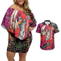 Personalized Sydney Sixers Cricket Couples Matching Off Shoulder Short Dress and Hawaiian Shirt Hippie Psychedelic Pattern Vibrant Mandala Art Style