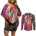 Personalized Sydney Sixers Cricket Couples Matching Off Shoulder Short Dress and Long Sleeve Button Shirt Hippie Psychedelic Pattern Vibrant Mandala Art Style
