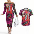 Personalized Sydney Sixers Cricket Couples Matching Off The Shoulder Long Sleeve Dress and Hawaiian Shirt Hippie Psychedelic Pattern Vibrant Mandala Art Style
