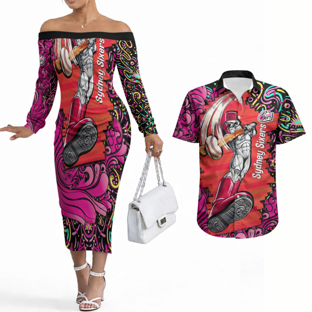 Personalized Sydney Sixers Cricket Couples Matching Off The Shoulder Long Sleeve Dress and Hawaiian Shirt Hippie Psychedelic Pattern Vibrant Mandala Art Style