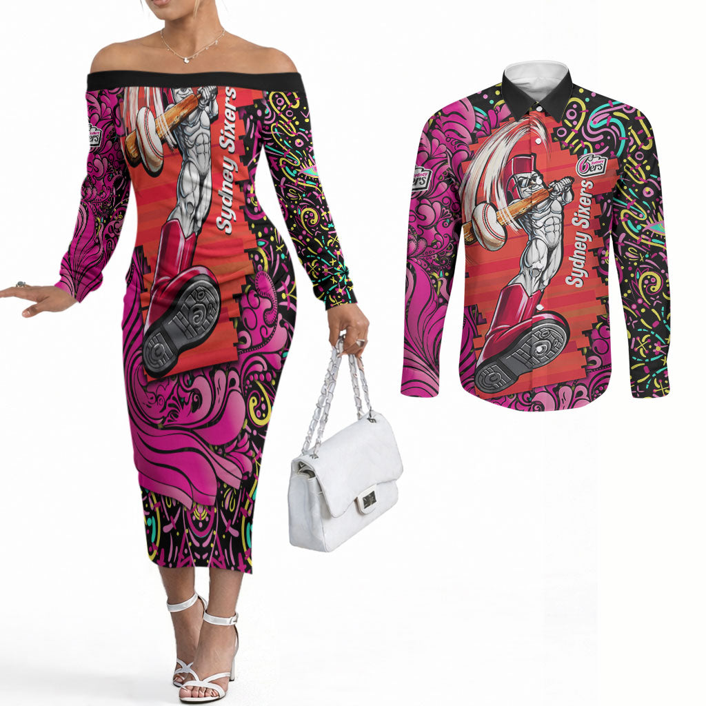 Personalized Sydney Sixers Cricket Couples Matching Off The Shoulder Long Sleeve Dress and Long Sleeve Button Shirt Hippie Psychedelic Pattern Vibrant Mandala Art Style