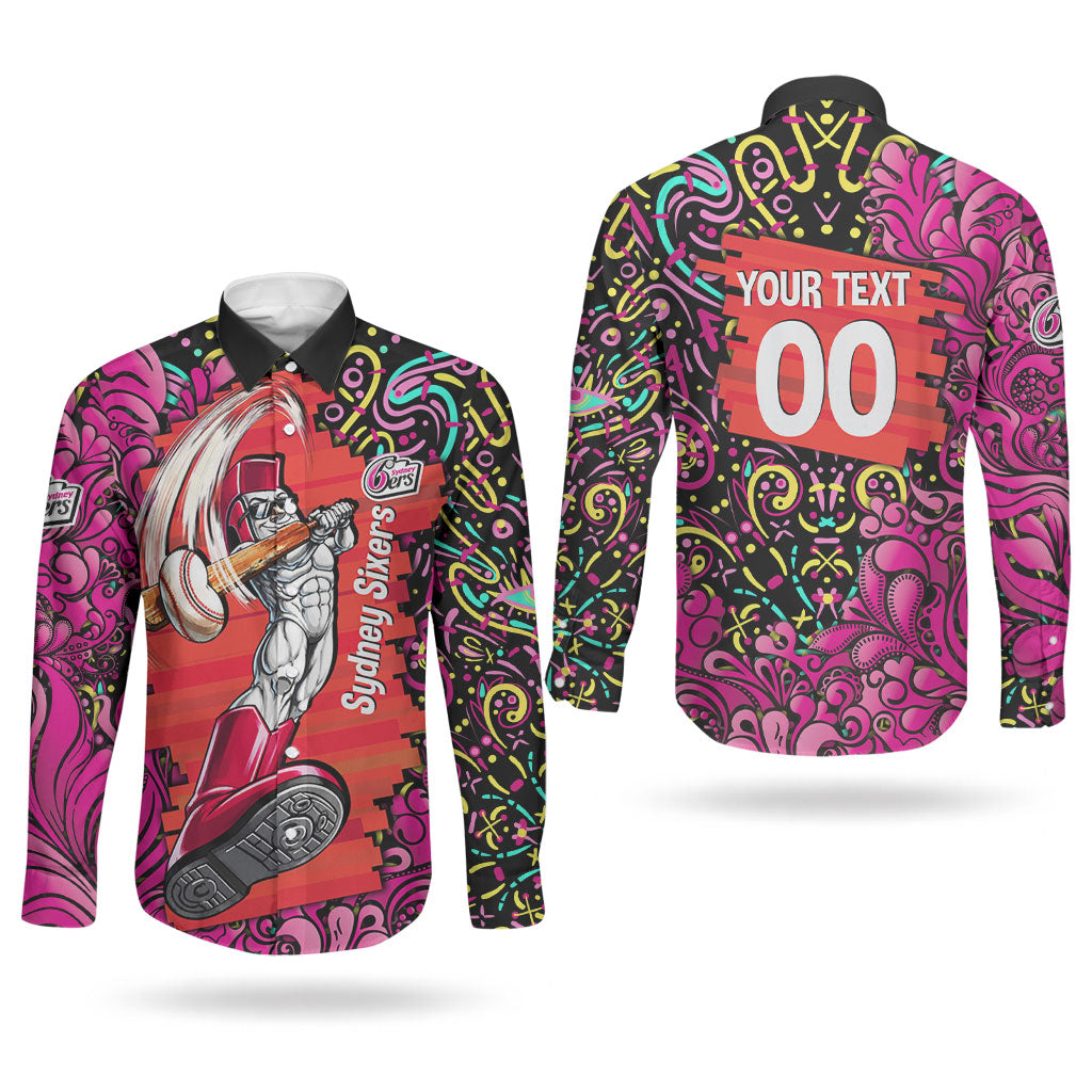 Personalized Sydney Sixers Cricket Couples Matching Off The Shoulder Long Sleeve Dress and Long Sleeve Button Shirt Hippie Psychedelic Pattern Vibrant Mandala Art Style